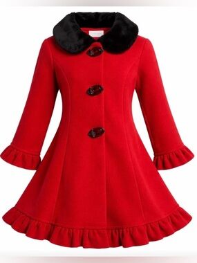 Starting Out Girls 18M Flannel Coat Red w/ Black Faux Fur Collar Roses Black Bow